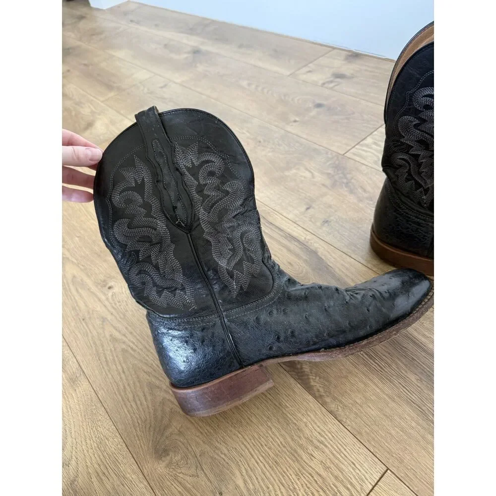 TONY LAMA 11 D Moore Western Boots Ostrich Black Sqaure Toe Cowboy Full Quill